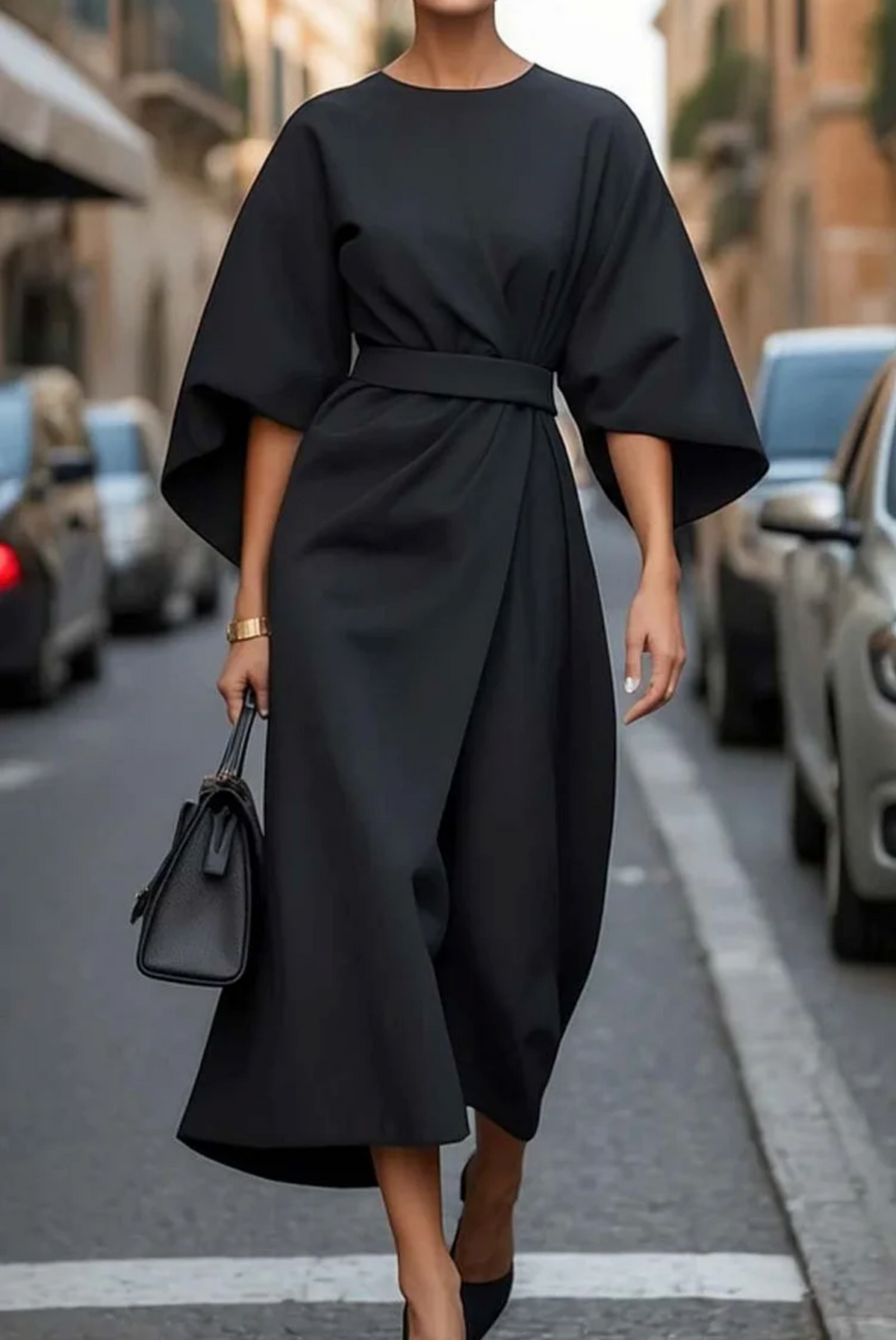 Women's Lantern-Sleeve Knee-Length Dress with Detachable Belt