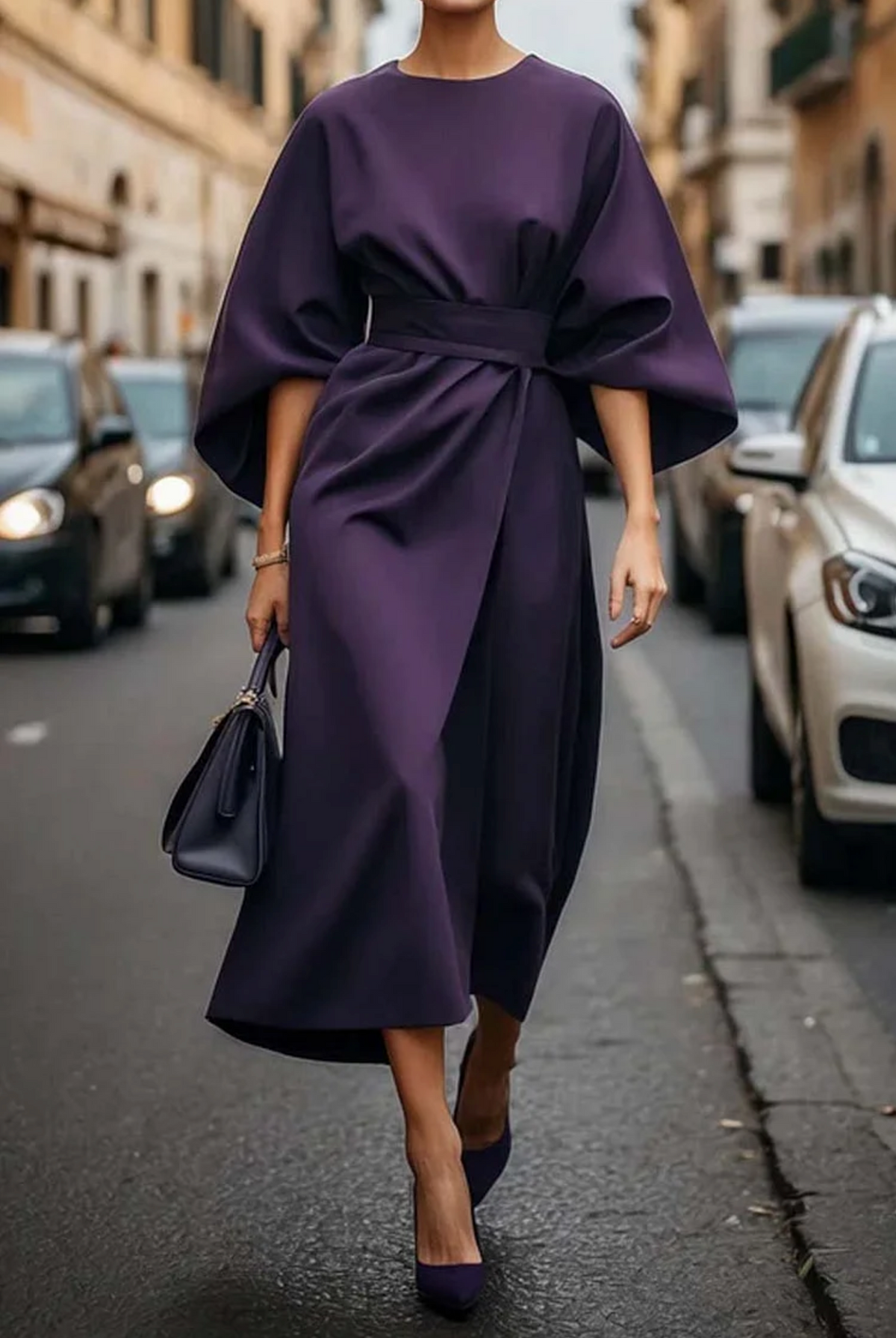 Women's Lantern-Sleeve Knee-Length Dress with Detachable Belt