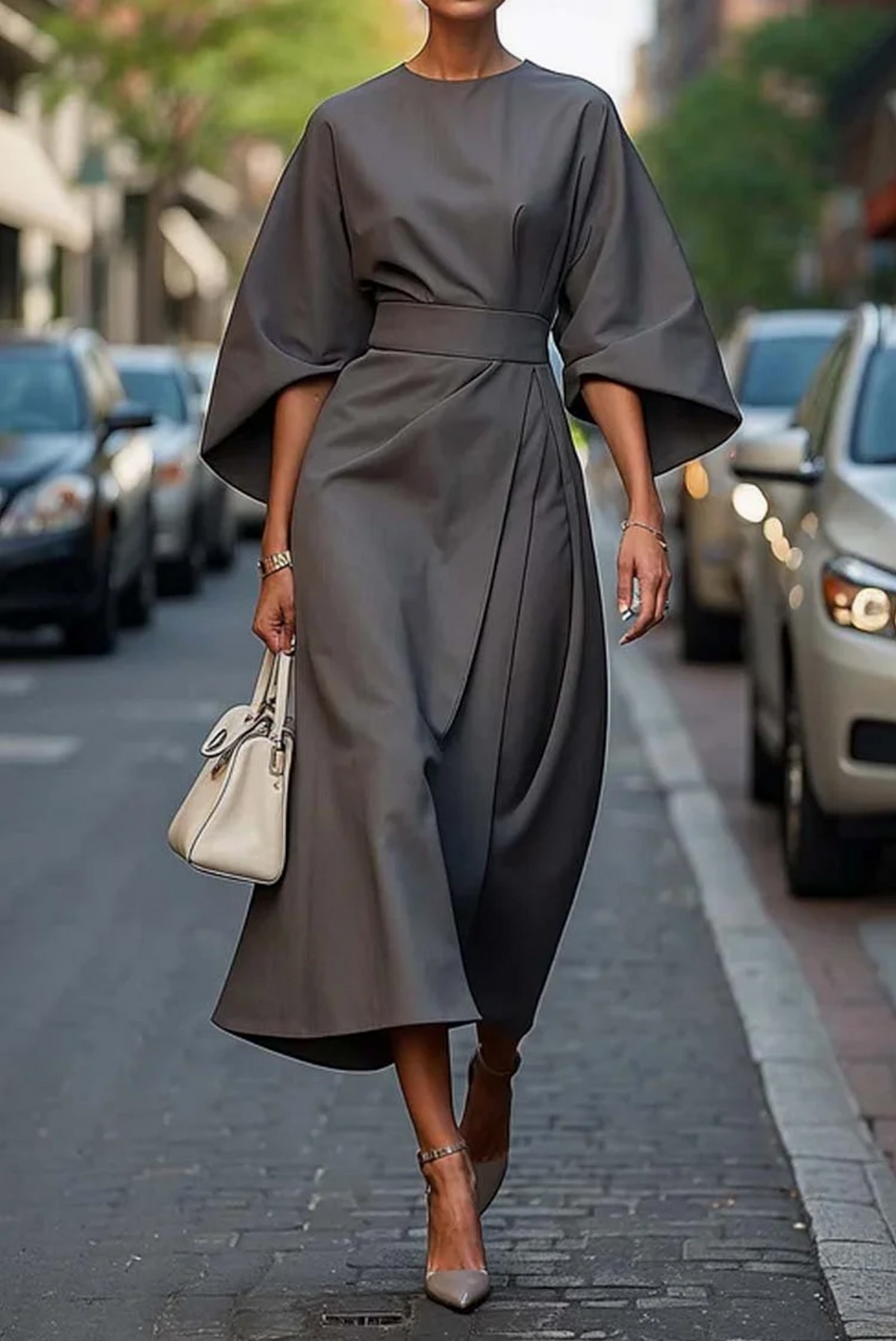 Women's Lantern-Sleeve Knee-Length Dress with Detachable Belt