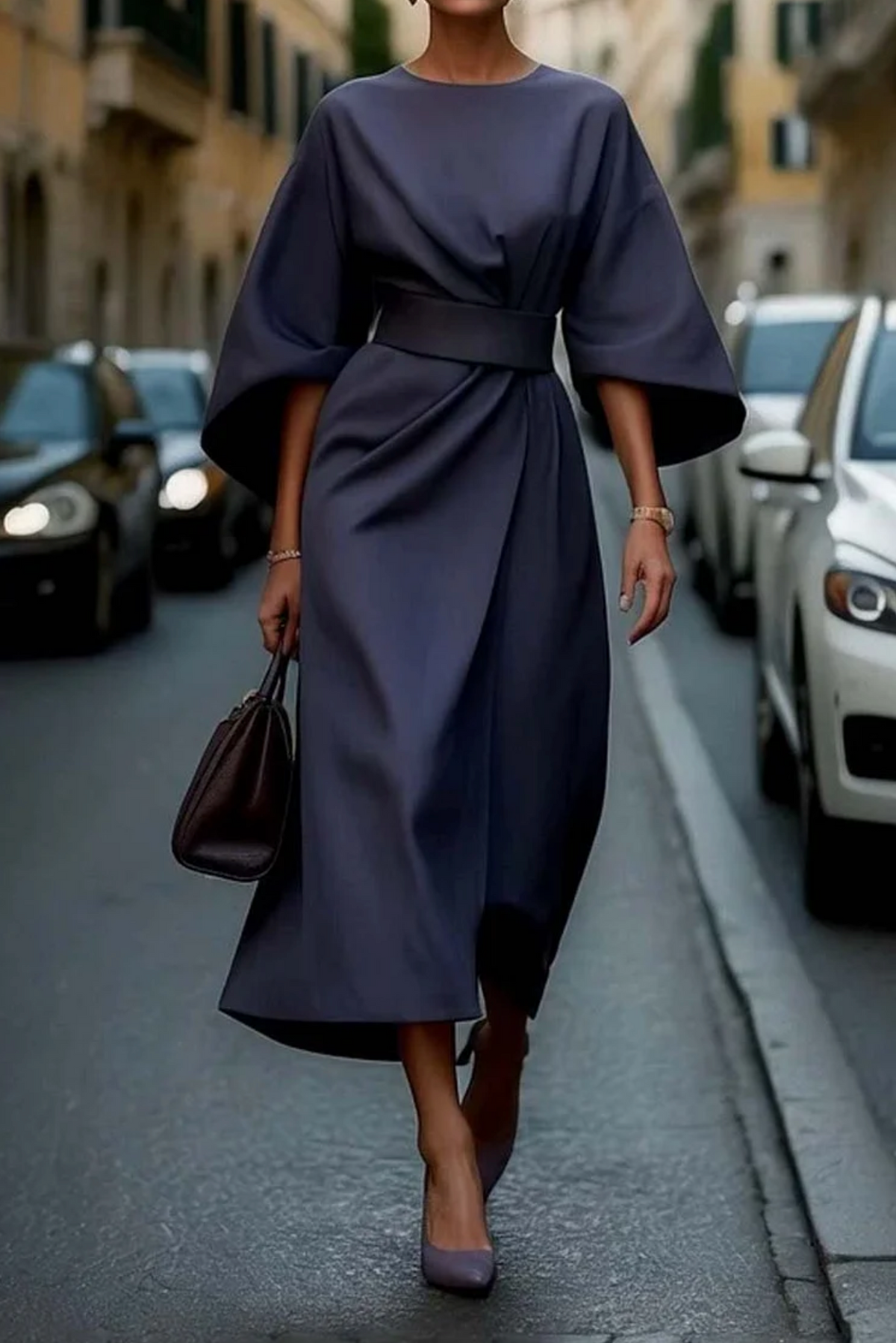 Women's Lantern-Sleeve Knee-Length Dress with Detachable Belt