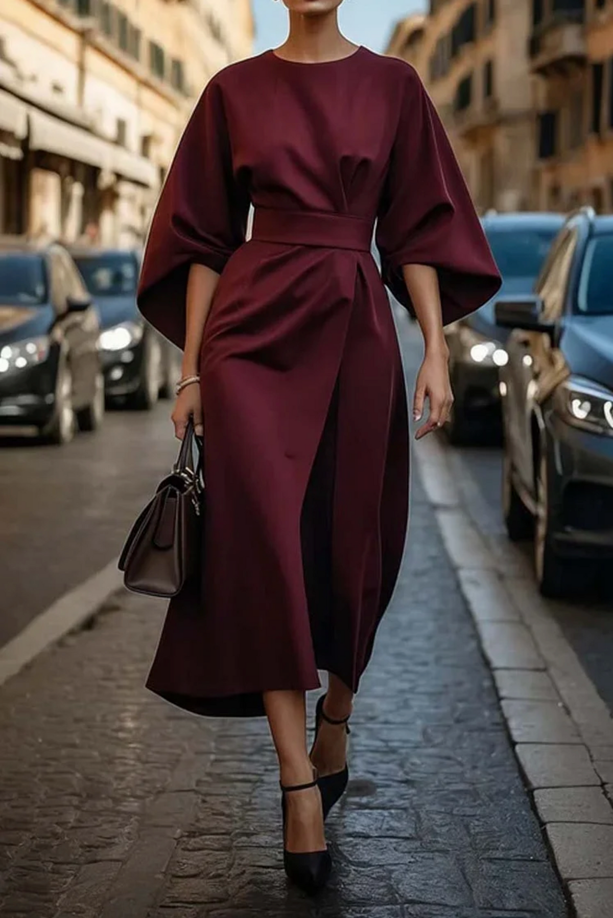 Women's Lantern-Sleeve Knee-Length Dress with Detachable Belt