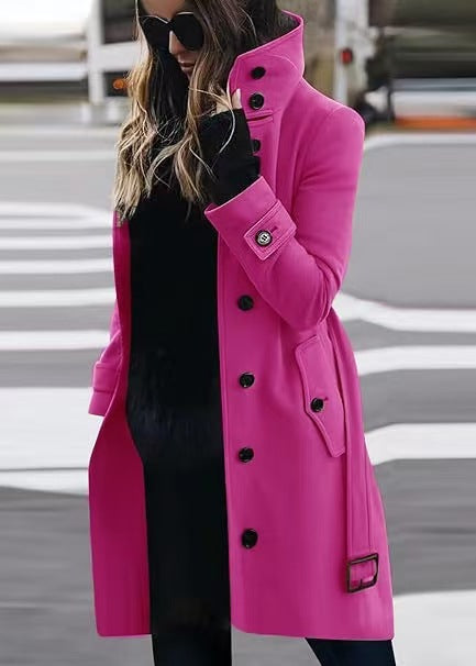 Women's Single-Breasted Long Coat with Turn-Down Collar