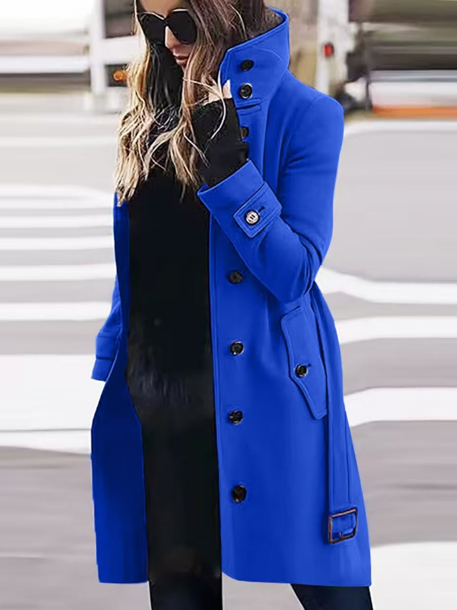 Women's Single-Breasted Long Coat with Turn-Down Collar