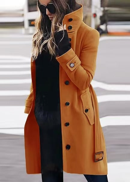 Women's Single-Breasted Long Coat with Turn-Down Collar