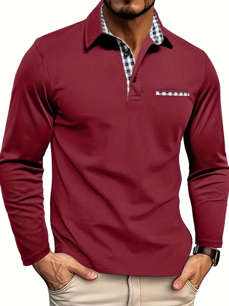 Men's Slim-Fit Long-Sleeve Polo Shirt with Checked Collar and Pocket