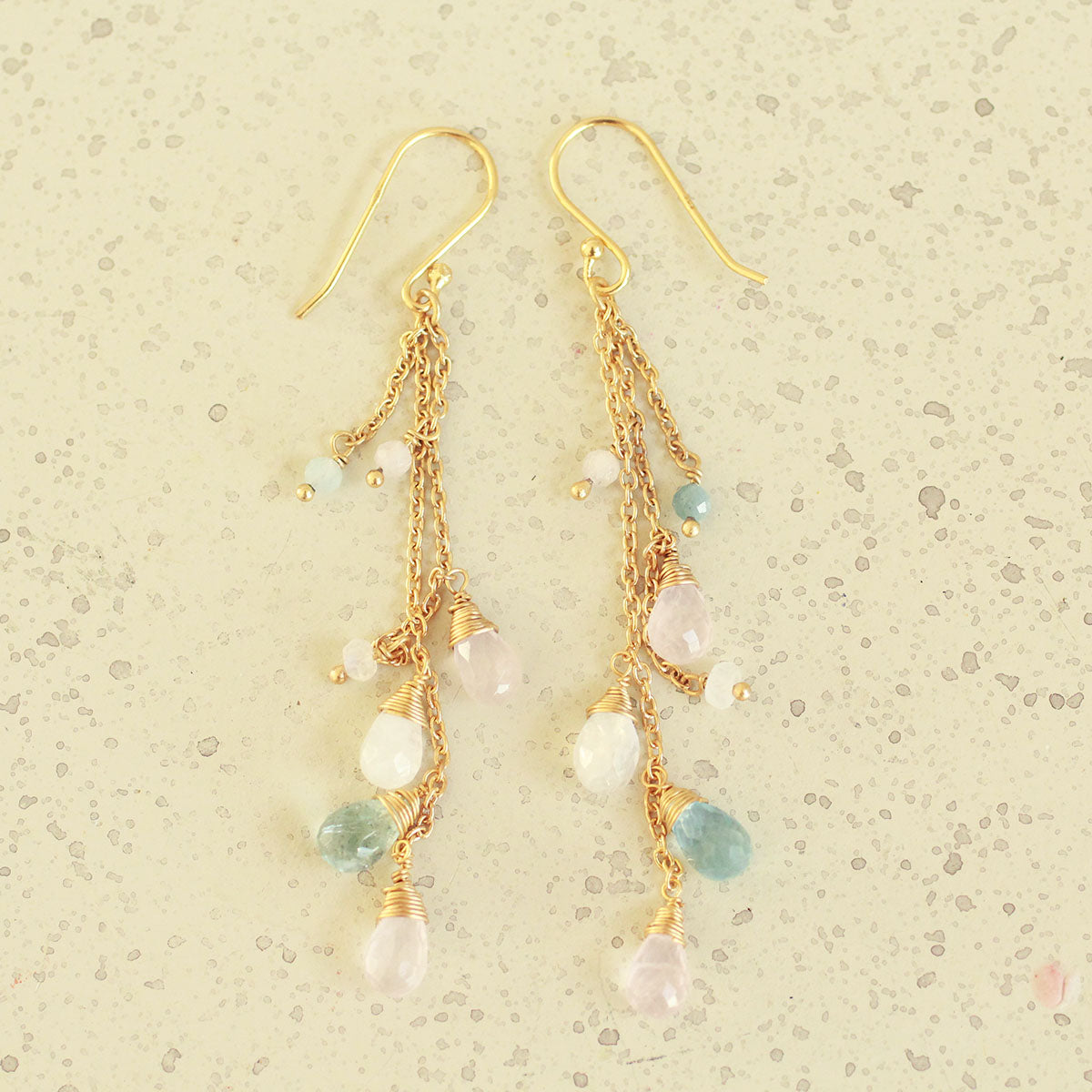 Aurielle maansteen aquamarijn rozenkwarts oorhangers 925 zilver gold plated