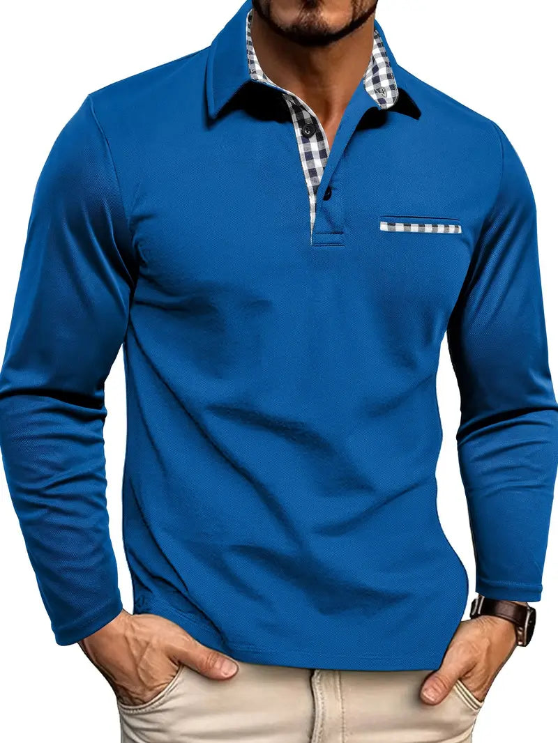 Men's Slim-Fit Long-Sleeve Polo Shirt with Checked Collar and Pocket
