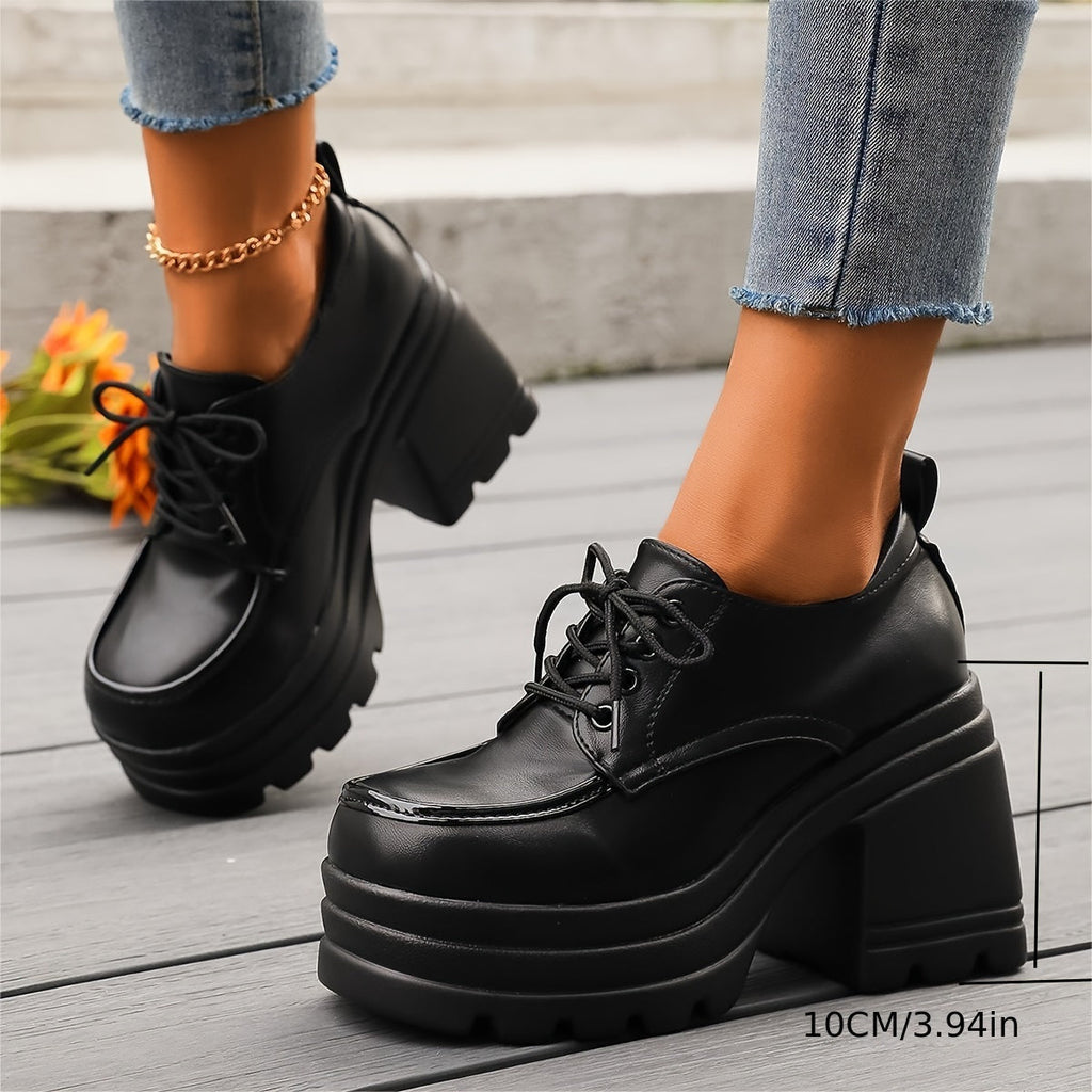 Women's Chunky Lace-Up Platform Shoes with Rubber Sole