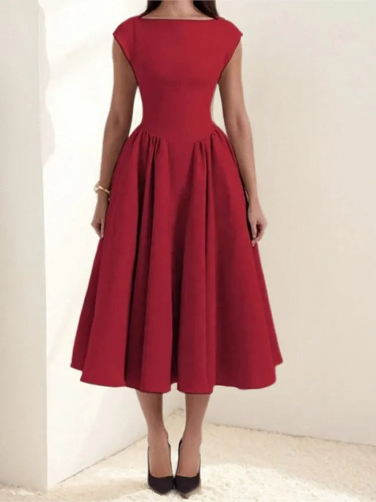 Women's Bateau Neck Cap Sleeve Satin Full Skirt Midi Dress