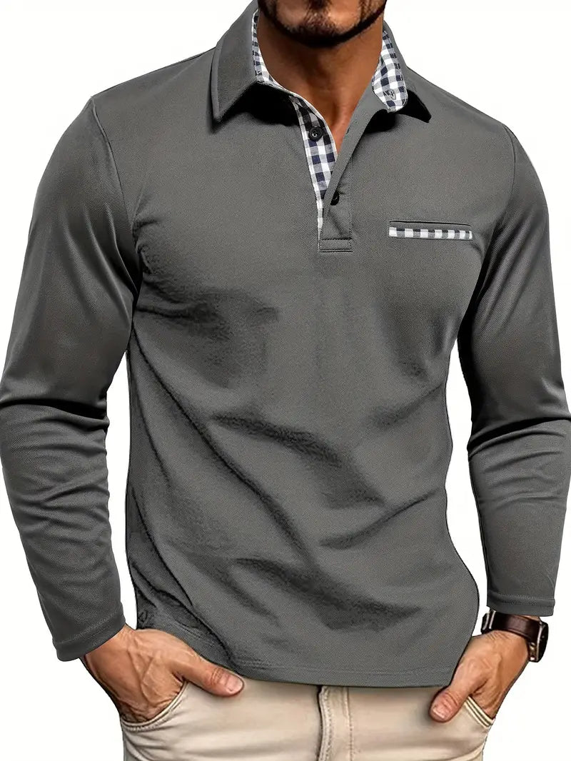 Men's Slim-Fit Long-Sleeve Polo Shirt with Checked Collar and Pocket