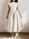 Women's Bateau Neck Cap Sleeve Satin Full Skirt Midi Dress
