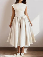 Women's Bateau Neck Cap Sleeve Satin Full Skirt Midi Dress
