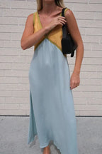 Women's V-Neck Colourblock Midi Dress with Contrast Panels