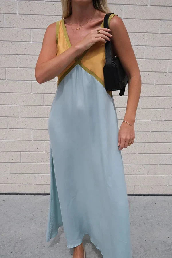 Women's V-Neck Colourblock Midi Dress with Contrast Panels