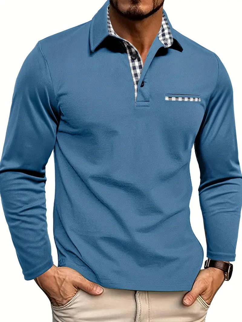 Men's Slim-Fit Long-Sleeve Polo Shirt with Checked Collar and Pocket