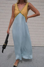 Women's V-Neck Colourblock Midi Dress with Contrast Panels