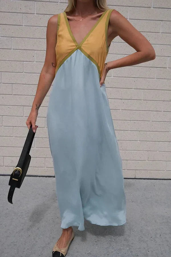 Women's V-Neck Colourblock Midi Dress with Contrast Panels
