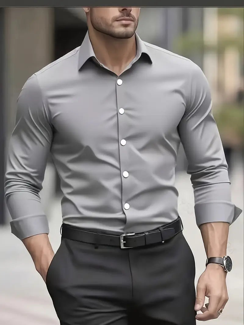 Men's Breathable Slim-Fit Long-Sleeve Shirt with Structured Collar