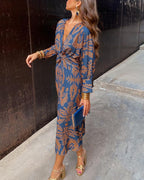 Women's V-Neck Long-Sleeve Printed A-Line Midi Dress with Knot Detail