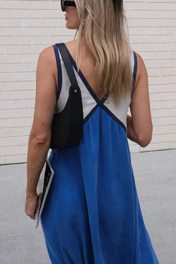 Women's V-Neck Colourblock Midi Dress with Contrast Panels