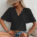 Women's V-Neck Lace-Trim Textured Short-Sleeve Blouse
