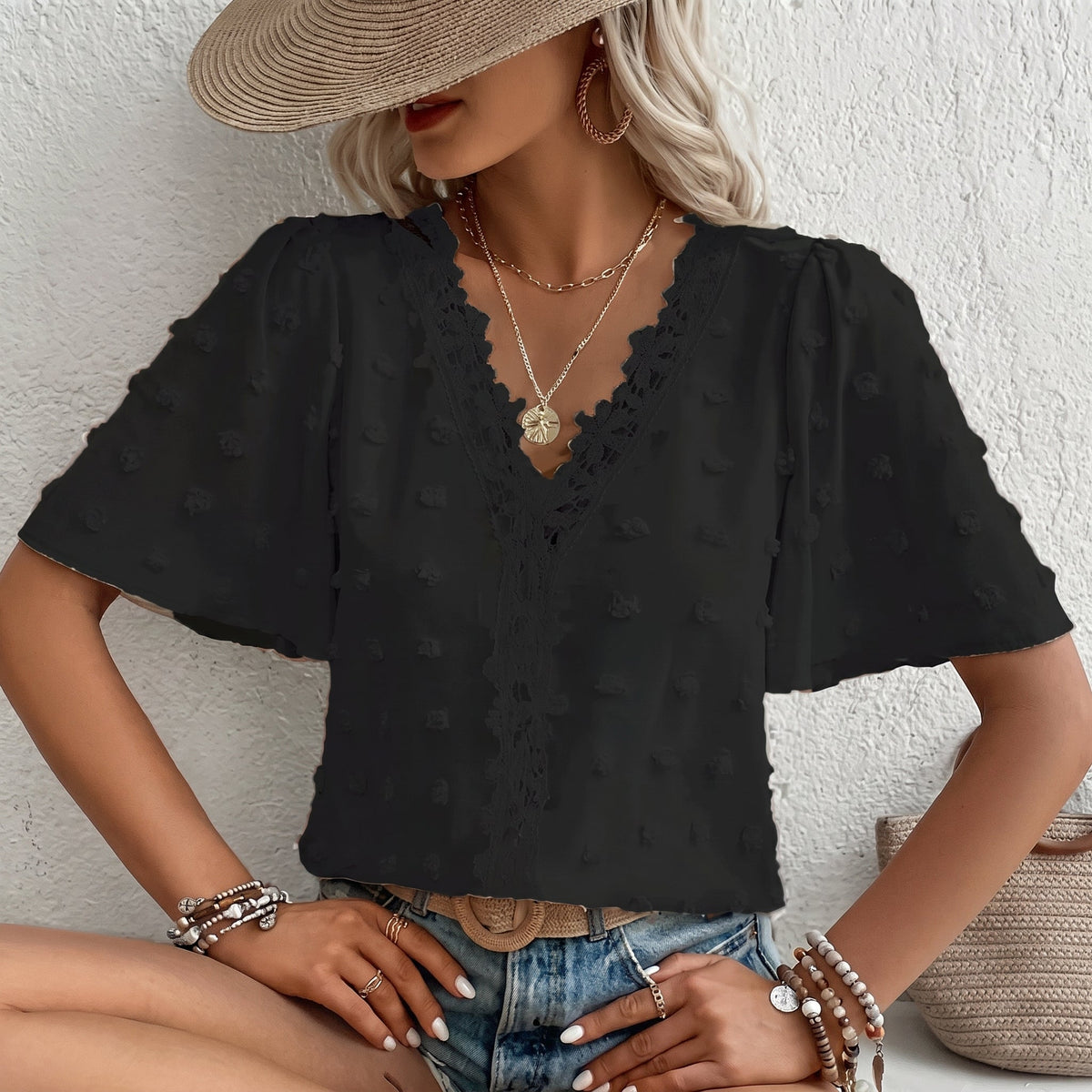 Women's V-Neck Lace-Trim Textured Short-Sleeve Blouse