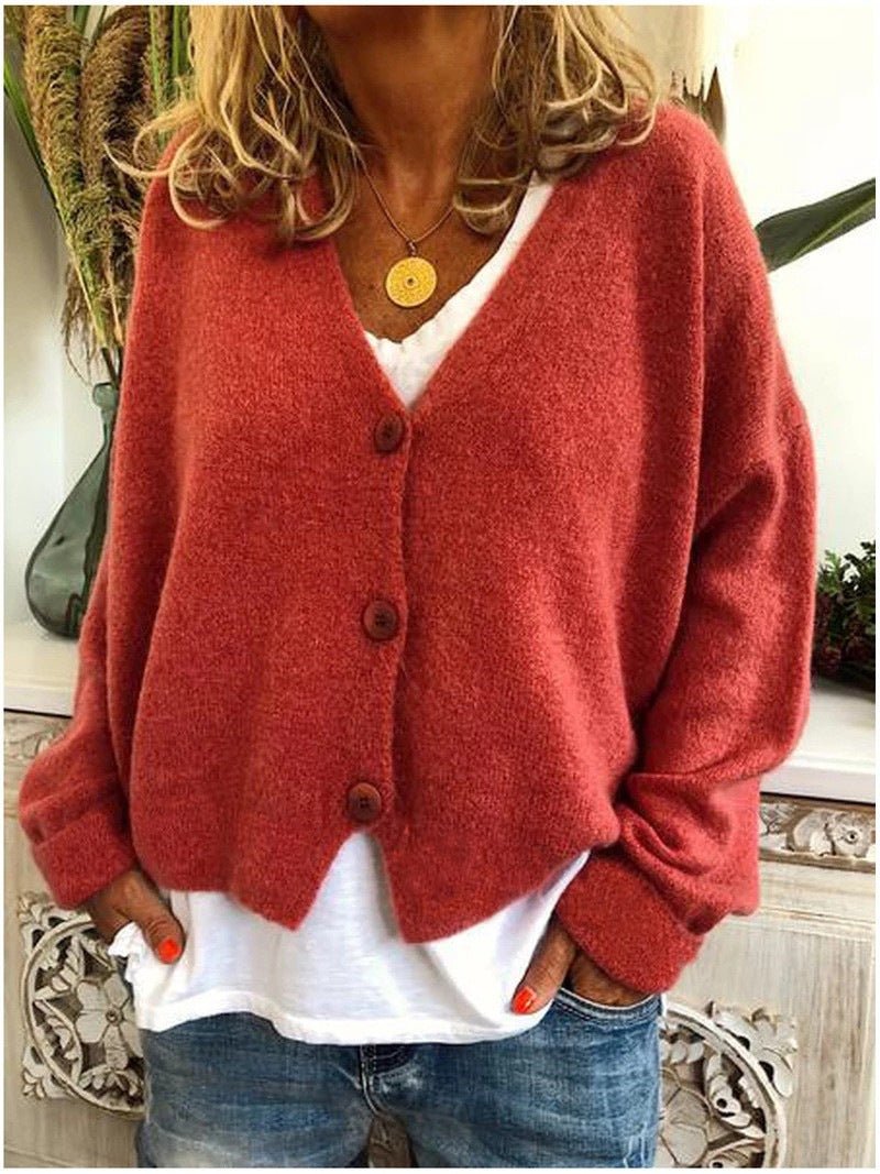 Knit Cardigan Button-Up V-Neck Relaxed Fit Layering