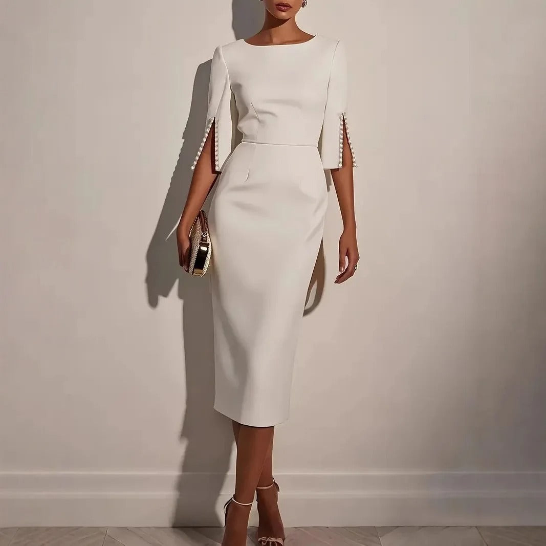 Women's Bateau-Neck Pearl-Trim Sheath Midi Formal Dress