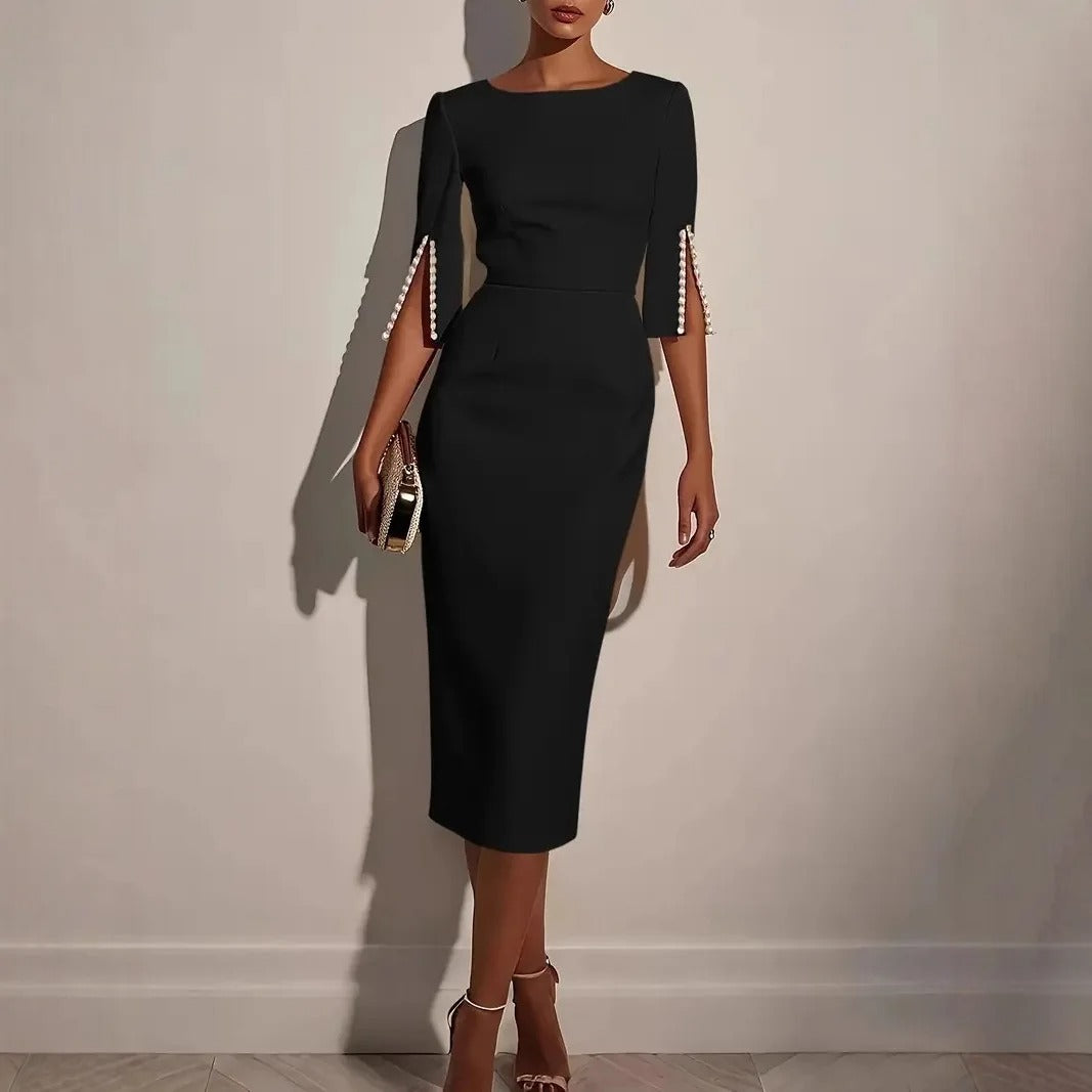 Women's Bateau-Neck Pearl-Trim Sheath Midi Formal Dress