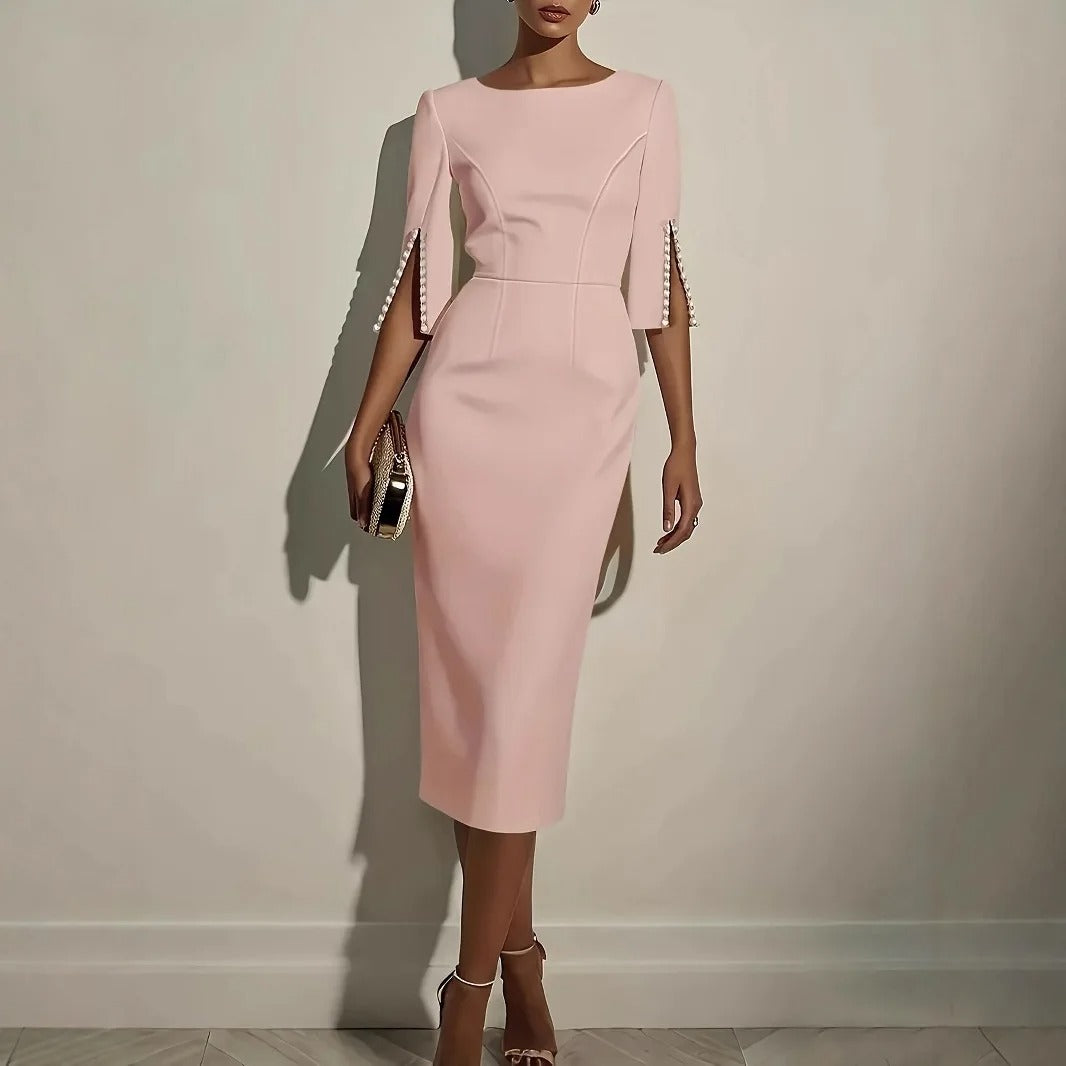 Women's Bateau-Neck Pearl-Trim Sheath Midi Formal Dress
