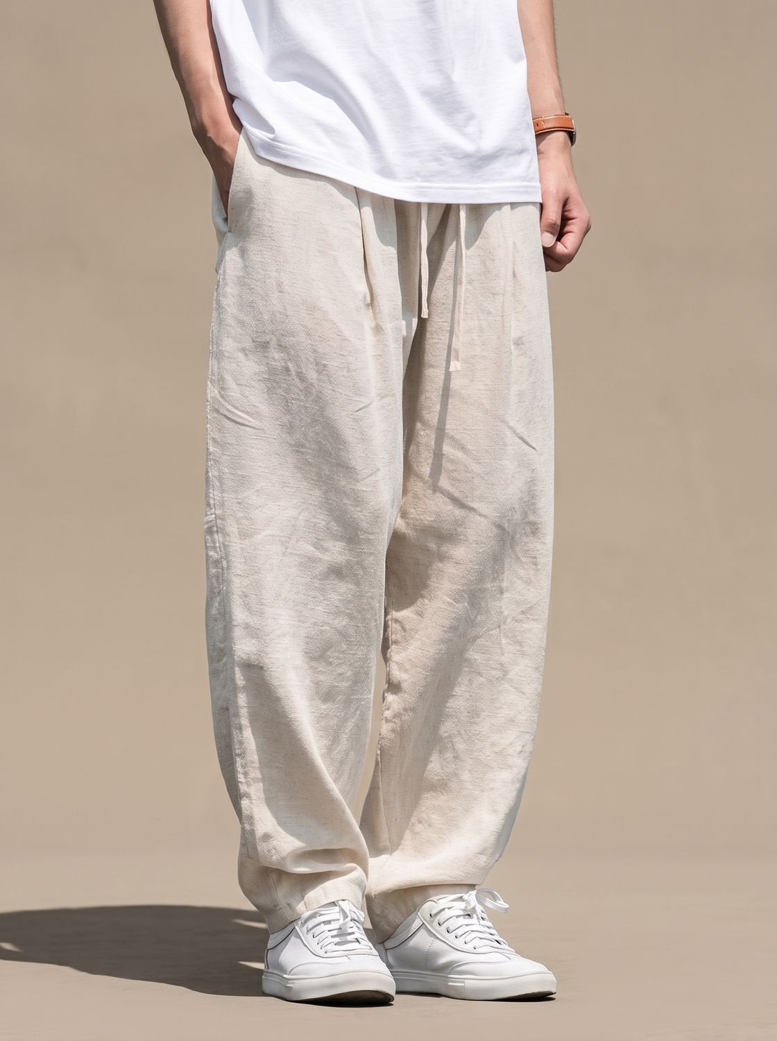 Men's Baggy Linen Drawstring Elastic-Waist Trousers - Beige