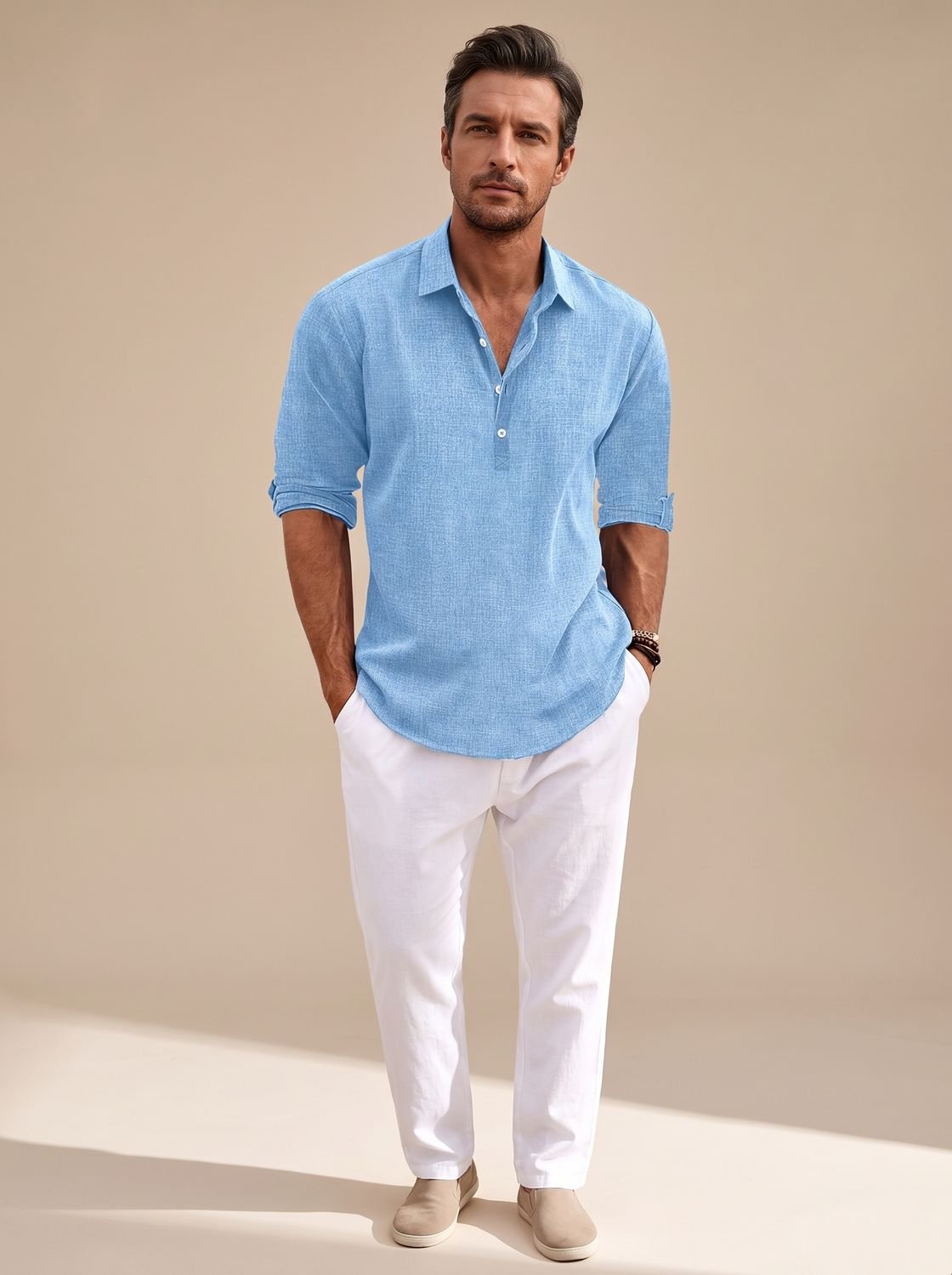 Men's Classic-Fit Long-Sleeve Linen Henley Polo Shirt - Light Blue