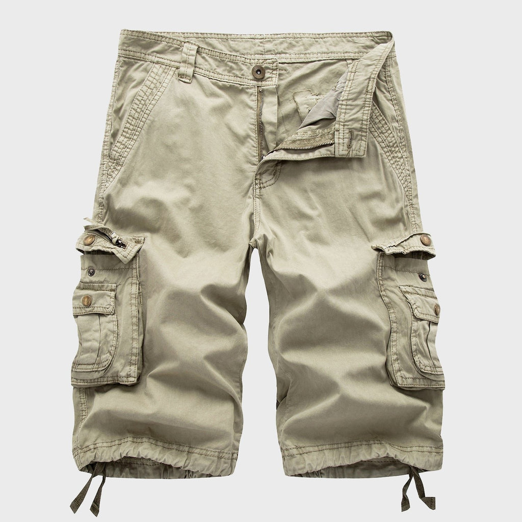 Men's Cotton Blend Multi-Pocket Drawstring Cargo Shorts - Beige