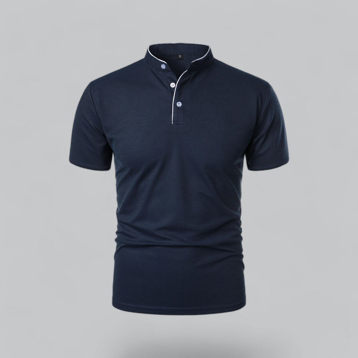 Men's Cotton Mandarin Collar Three-Button Polo Shirt - Navy Blue