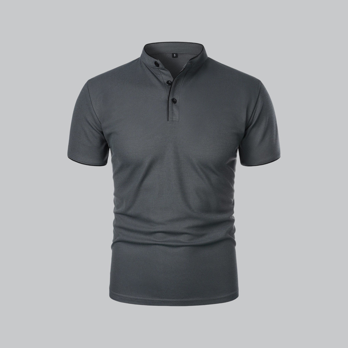 Men's Cotton Mandarin Collar Three-Button Polo Shirt - Dark Grey
