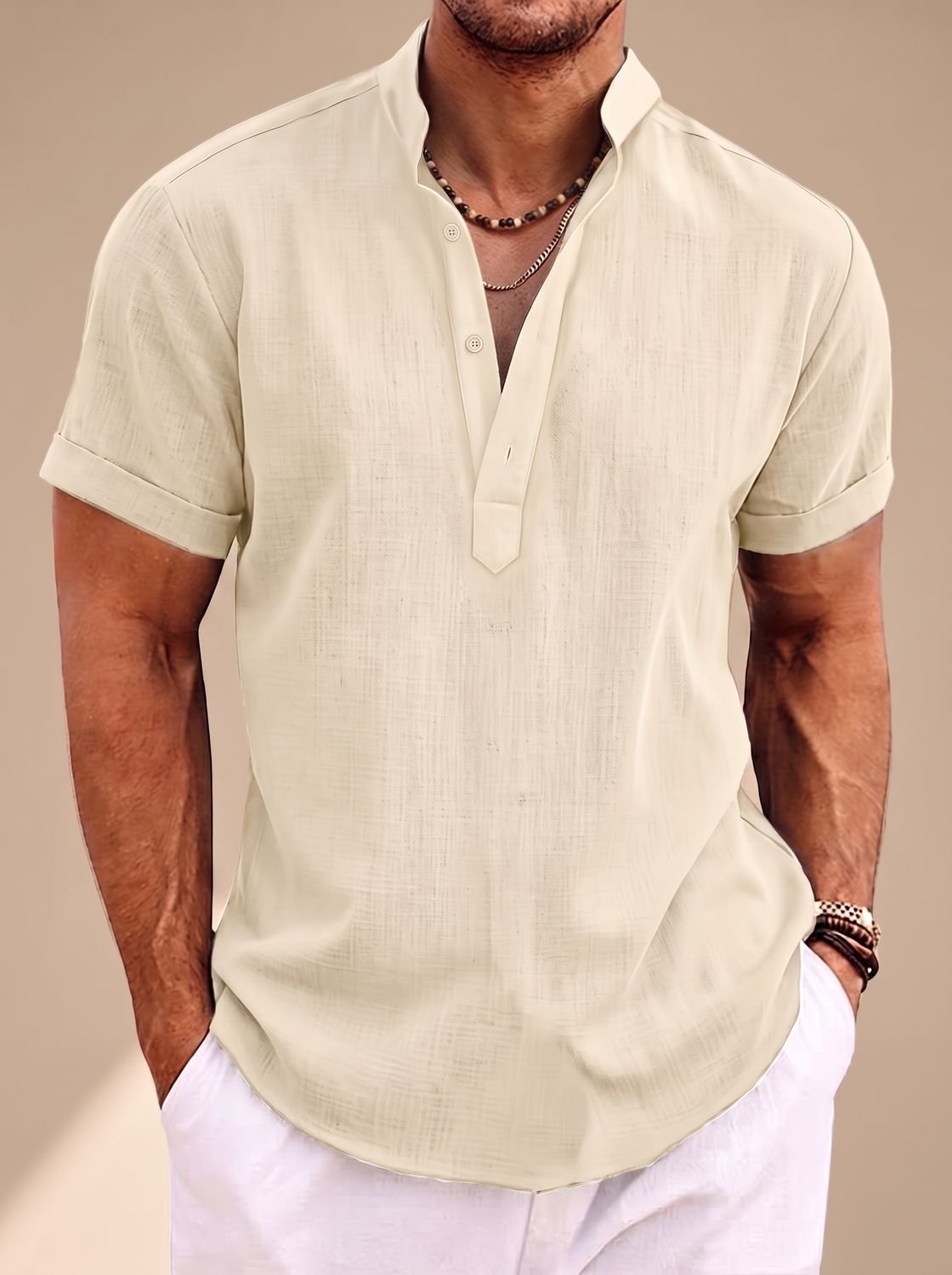 Men's Linen-Look Short-Sleeve Henley Shirt - Khaki