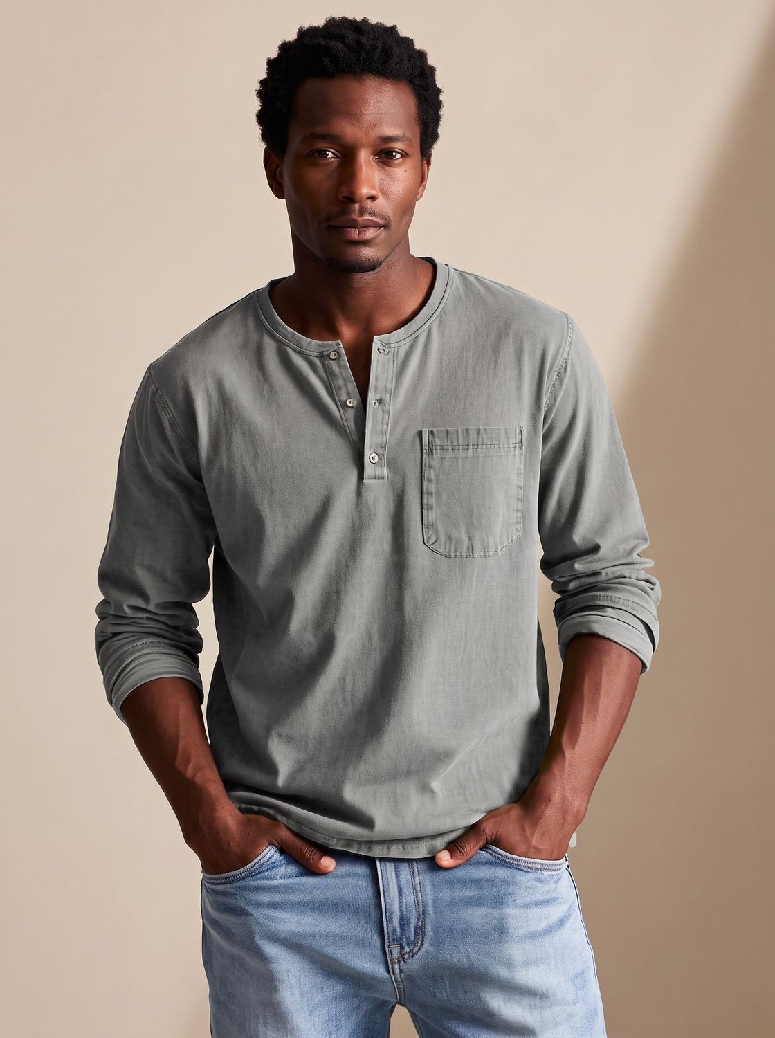 Men's Long-Sleeve Henley Shirt Relaxed-Fit Chest Pocket - Grey