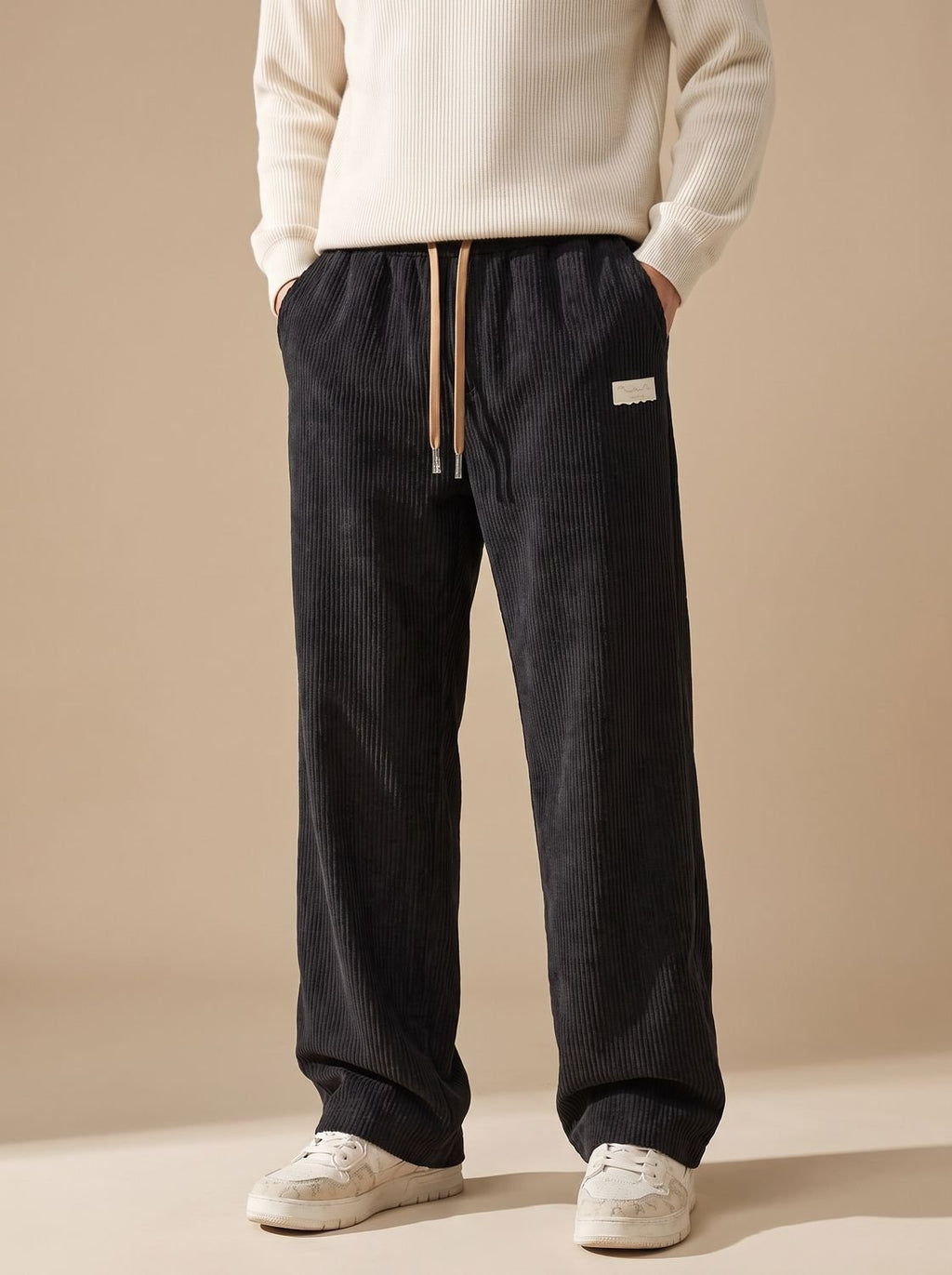 Men's Relaxed Wide-Leg Corduroy Drawstring Pants - Black