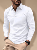 Men's Slim-Fit Long-Sleeve Polo Shirt Collared - White