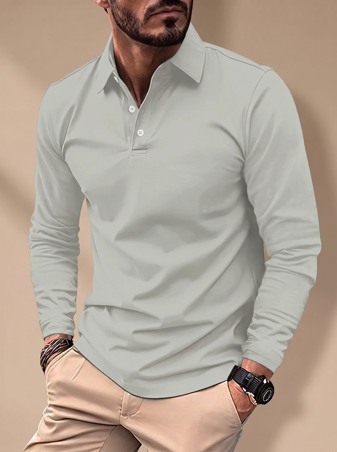 Men's Slim-Fit Long-Sleeve Polo Shirt Collared - Grey