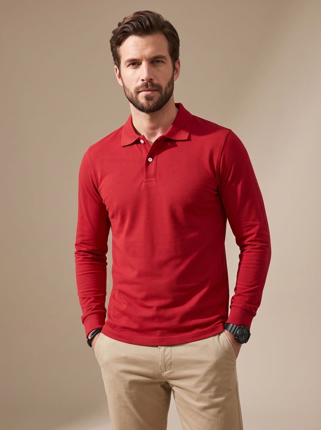 Men's Slim-Fit Long-Sleeve Polo Shirt Collared - Red