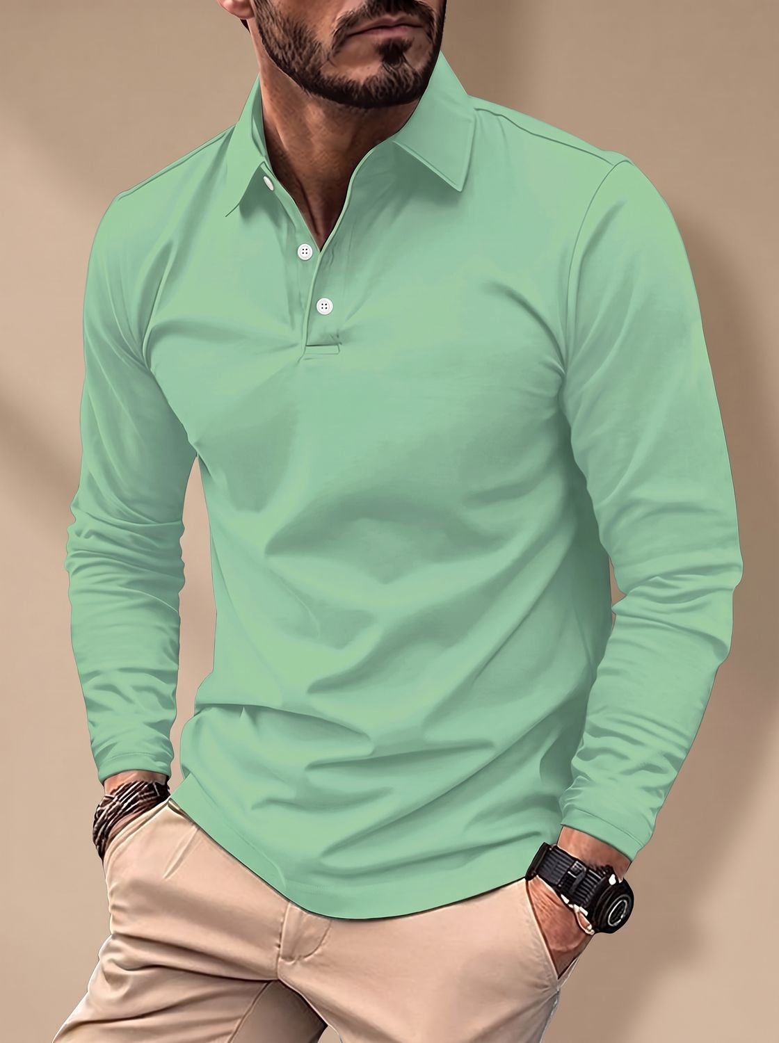 Men's Slim-Fit Long-Sleeve Polo Shirt Collared - Green