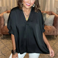 Women's Classic V-Neck Short-Sleeve Satin Blouse, Loose Fit