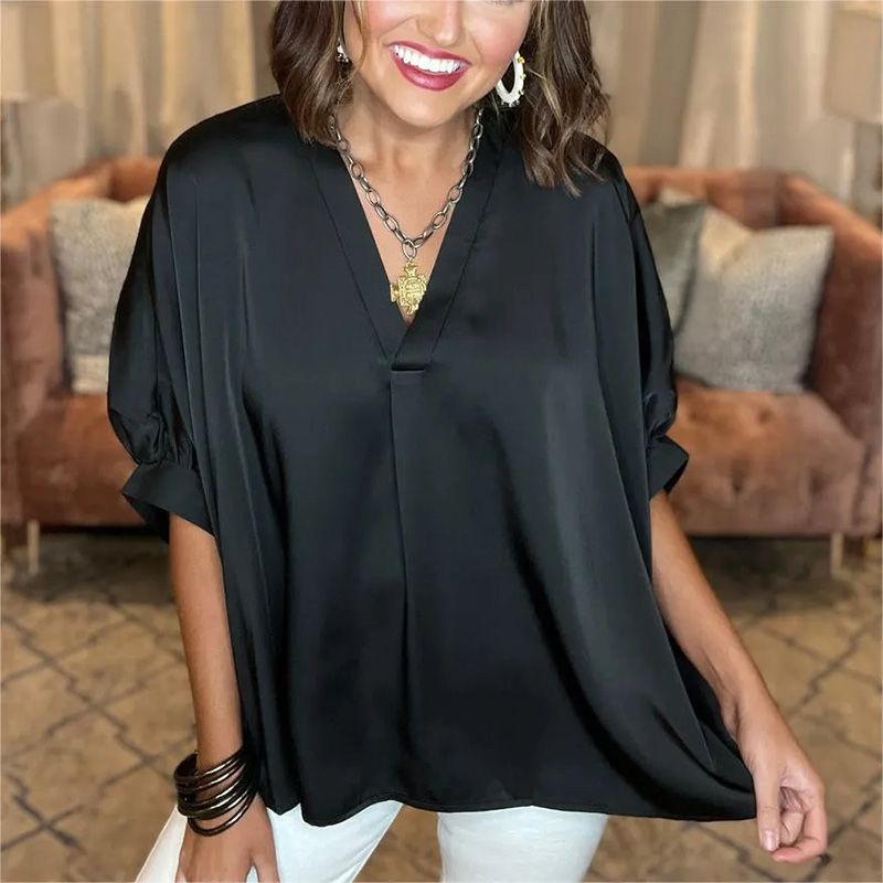 Women's Classic V-Neck Short-Sleeve Satin Blouse, Loose Fit