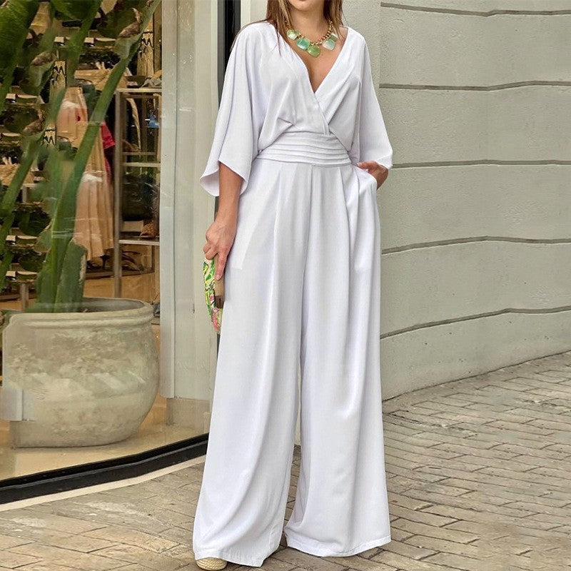 Women's Three-Quarter Sleeve Polyester Jumpsuit with Flattering Fit