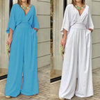 Women's Three-Quarter Sleeve Polyester Jumpsuit with Flattering Fit