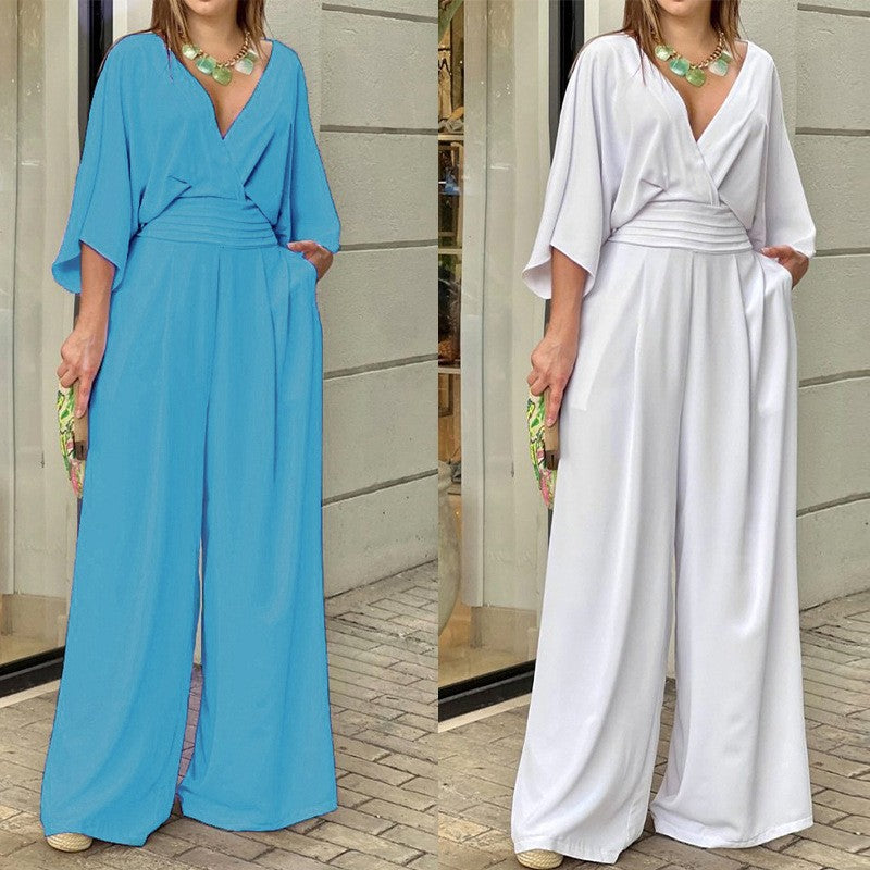 Women's Three-Quarter Sleeve Polyester Jumpsuit with Flattering Fit