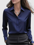 Women's Concealed-Placket Satin Long-Sleeve Button-Down Shirt - Navy Blue