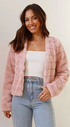 Women's Cropped Open-Collar Faux Fur Jacket