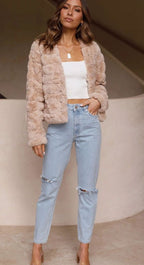 Women's Cropped Open-Collar Faux Fur Jacket